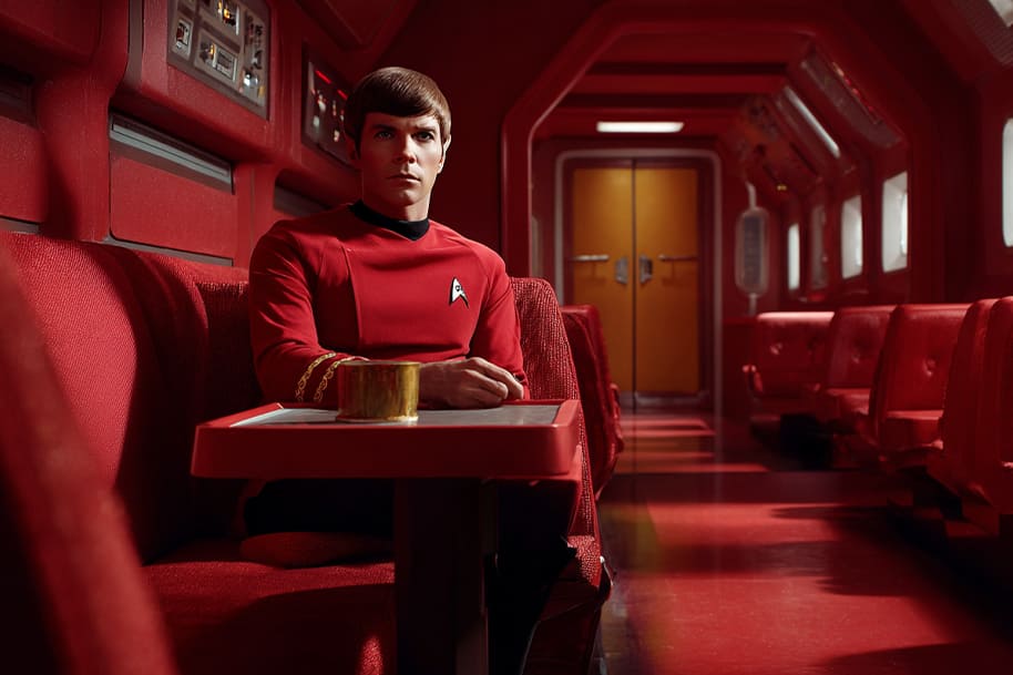 Classic Star Trek scene with red-uniformed crew member aboard spaceship, a retro sci-fi TV show to stream
