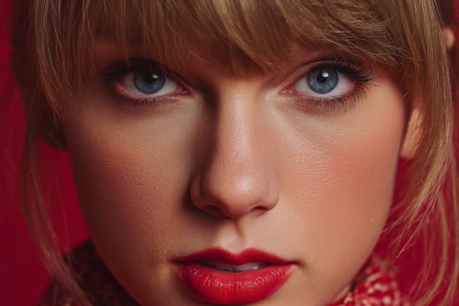Close-up portrait of a young woman with blue eyes and red lipstick, representing pop icons featured in the Taylor Swift documentary on Netflix 2025 blog by Eternal Slots