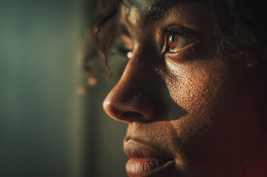 Close-up of a thoughtful young woman gazing into light, reflecting the emotional depth of celebrity documentaries on Netflix featured by Eternal Slots Casino