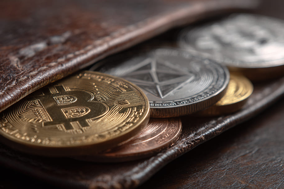 Various cryptocurrency coins partially tucked in a leather wallet, representing digital asset storage
