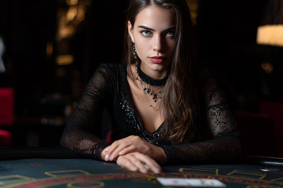 Elegant woman at a casino table ready to unlock her mystery bonus – exclusive casino offer for active players.