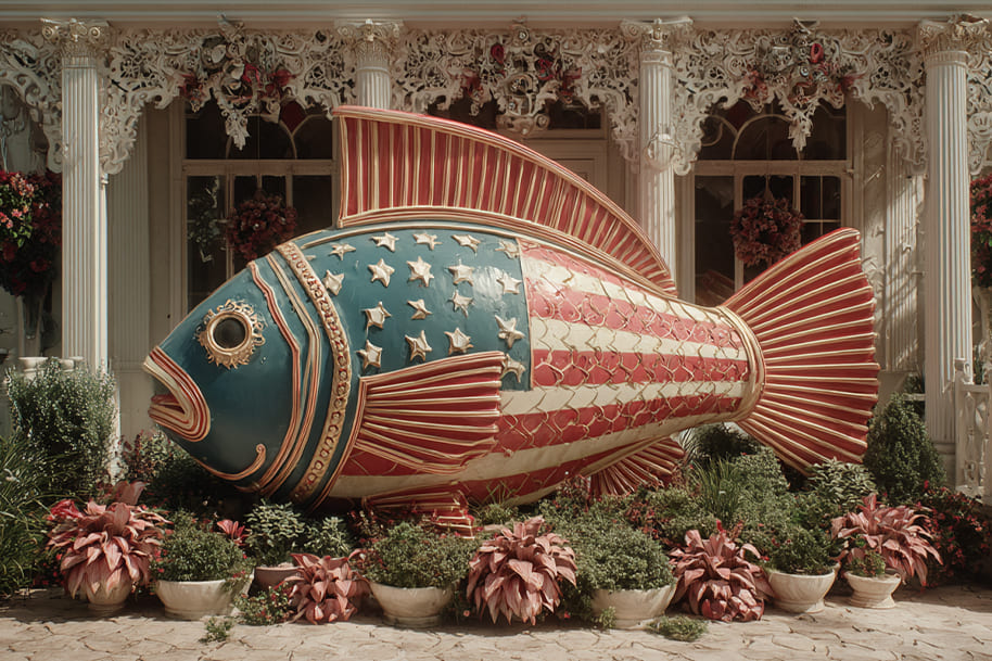 Oversized patriotic fish sculpture decorated in red, white, and blue stars and stripes, displayed in a garden—symbolizing quirky American holiday traditions.