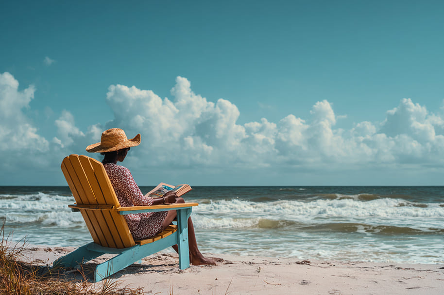 Woman sitting in a colorful beach chair reading a book, facing ocean waves under a vibrant blue sky, embracing a peaceful staycation moment.