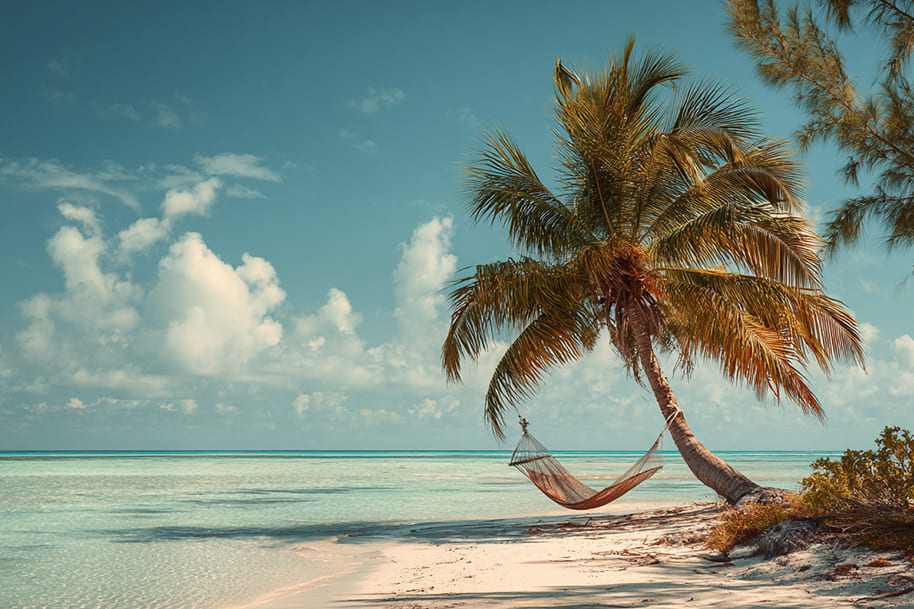 Empty hammock tied to a palm tree on a tropical beach with turquoise water and white sand the ultimate staycation escape vibe.