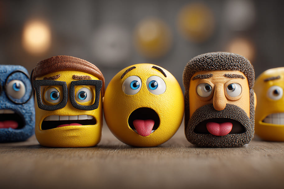 3D emoji characters with expressive faces on a wooden table, representing different emotions in a playful and creative style for World Emoji Day