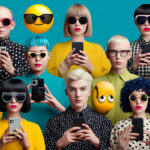 Colorful group of people using smartphones, surrounded by emoji faces, representing digital communication and emoji culture on World Emoji Day.
