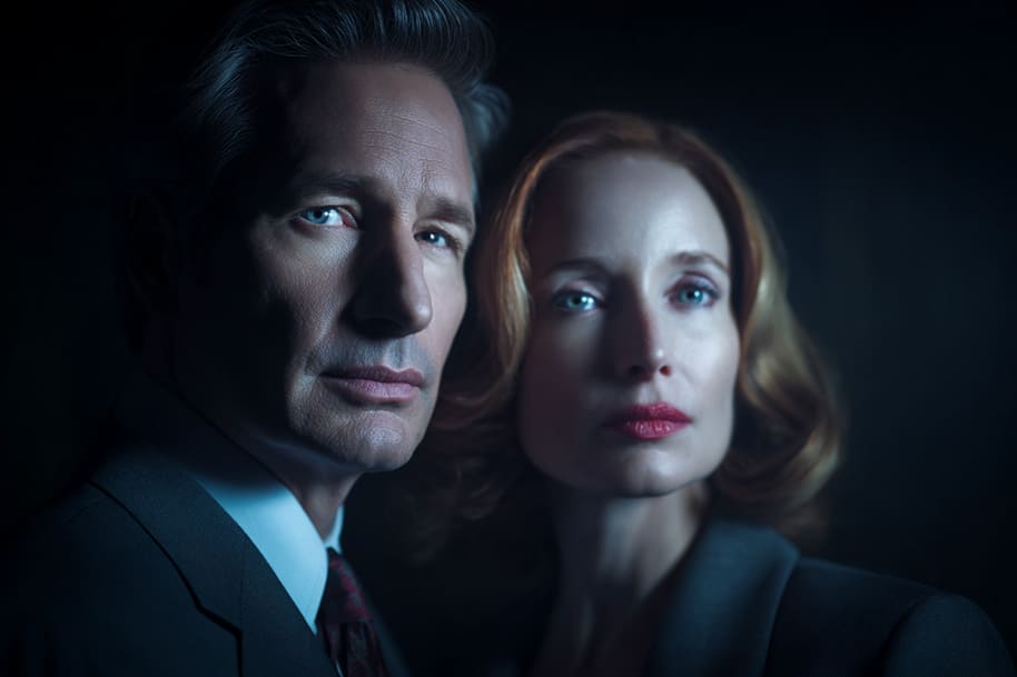 Mulder and Scully from The X-Files, a classic sci-fi TV show about FBI paranormal investigations