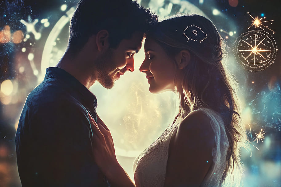 Romantic couple touching foreheads under zodiac symbols and magical light, symbolizing astrological summer love compatibility