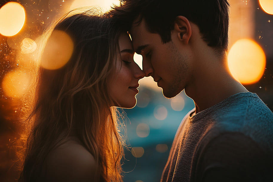 Intimate moment between a couple at sunset surrounded by dreamy lights, reflecting a summer fling guided by star signs.