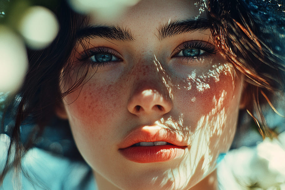 Close-up portrait of a woman with blue eyes and freckles under soft sunlight, symbolizing zodiac beauty and emotional depth.