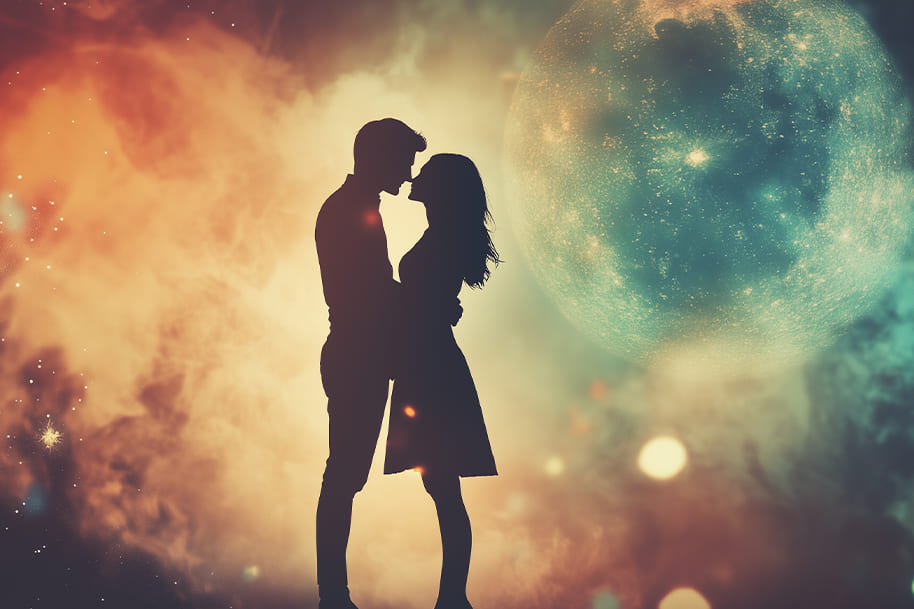 Silhouetted couple kissing under a glowing full moon, representing cosmic attraction and zodiac sign connection.
