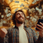 Happy man holding a smartphone in a casino, surrounded by falling dollar bills, celebrating a $25000 win.