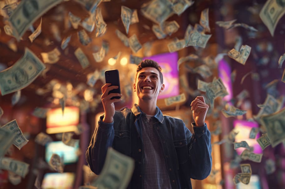 Excited man holding smartphone in a casino as dollar bills rain down, celebrating a big online slot win.