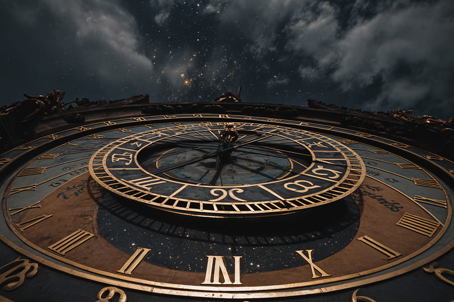Astrological clock with zodiac symbols under a cosmic night sky, representing time, destiny, and fortune in astrology.