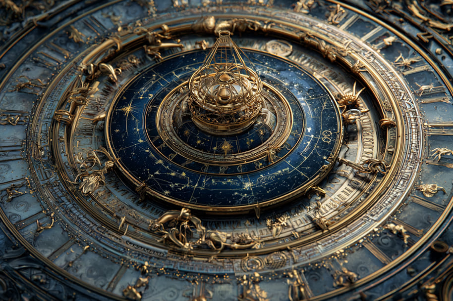 Intricate golden astrological clock with zodiac signs and celestial details, symbolizing the influence of astrological houses on life.