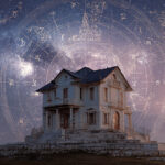 Mystical house under the night sky with zodiac wheel and astrology symbols, representing astrological houses and destiny insights.