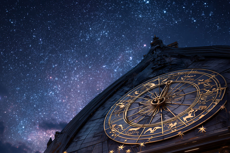 Golden zodiac clock under a starry night sky, symbolizing astrology, destiny, and the connection between zodiac signs and fortune.