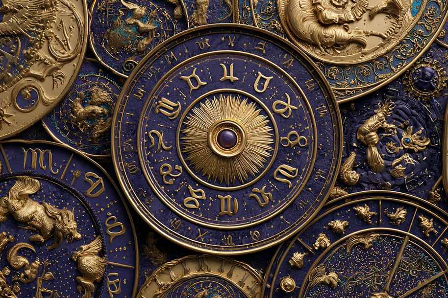 Elegant zodiac wheel with gold astrological symbols and celestial designs, representing August 2025 astrology forecast on Eternal Slots Casino blog.