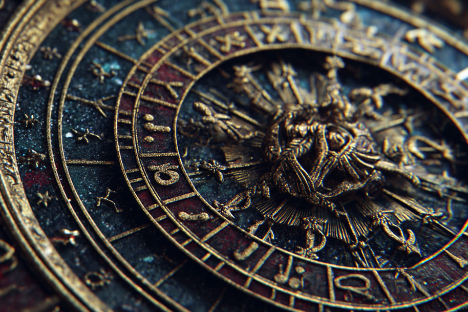 Close-up of an antique zodiac wheel with golden astrological symbols, illustrating cosmic timing and August 2025 horoscope on Eternal Slots Casino blog.

