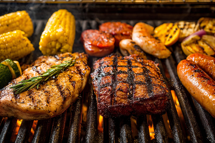 Labor Day grilling recipes with juicy steaks, sausages, corn on the cob, and vegetables sizzling on the BBQ grill – perfect holiday cookout food ideas.