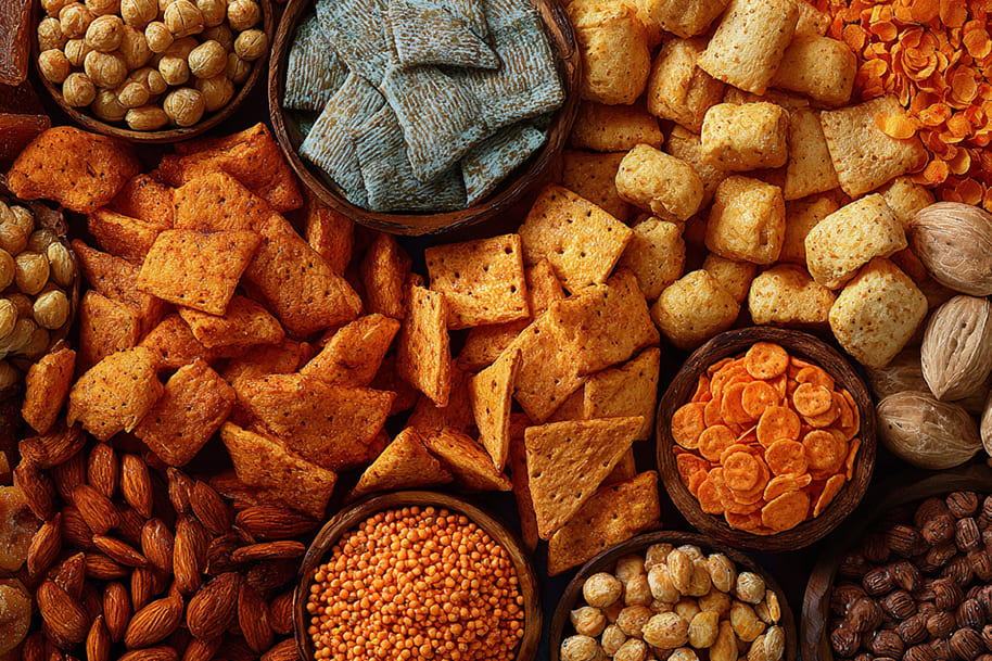 Assortment of crunchy global snacks including chips, lentil crisps, roasted nuts, and unique international treats – showcasing global snack trends and exotic flavors.
