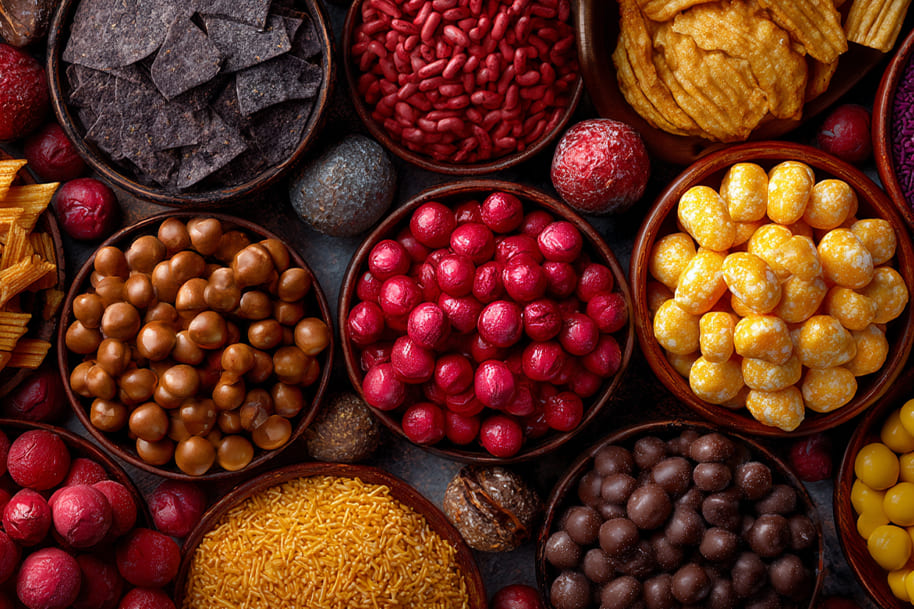 Vibrant display of crunchy global snacks in bowls, featuring coated nuts, colorful candies, corn crisps, and exotic international treats reflecting global snack trends 2025.