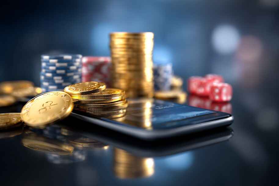 Stacks of gold coins, poker chips, and dice next to a smartphone, symbolizing casino tech trends 2025 and secure mobile gaming at Eternal Slots Casino.