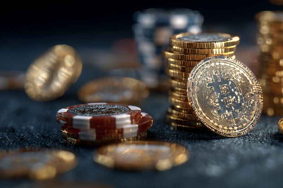 Stacks of gold Bitcoin coins and casino chips symbolizing blockchain technology in online casinos for secure crypto payments and safe gambling on Eternal Slots.