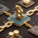 Golden blockchain network with Bitcoin symbol representing secure blockchain technology in online casinos for safe gambling and instant crypto withdrawals on Eternal Slots
