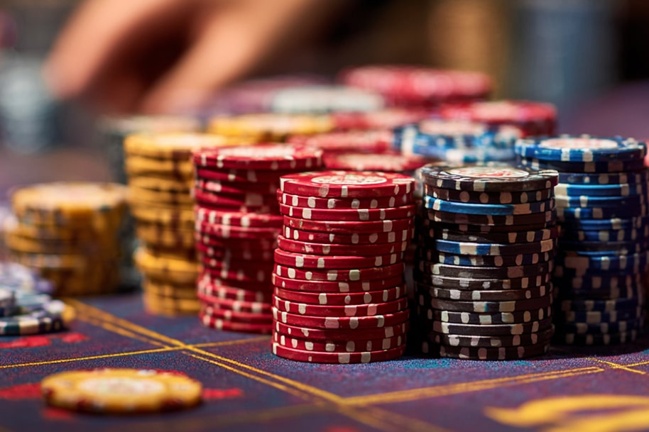 Stacks of colorful casino chips neatly piled on a gaming table, symbolizing winnings and casino rewards.