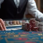 Casino dealer dealing cards on a table with stacks of poker chips in red, white, and black colors during a live game.