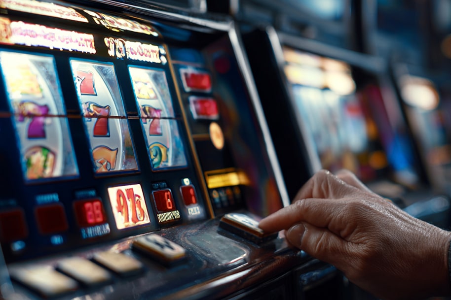 Close-up of a player pressing the spin button on a classic slot machine, symbolizing a casino bonus routine strategy.