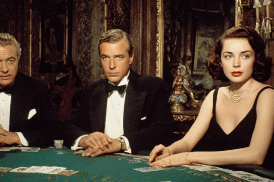 A classic old Las Vegas atmosphere. Players in tuxedos and a lady in a black dress sit at a poker table in a luxurious interior.