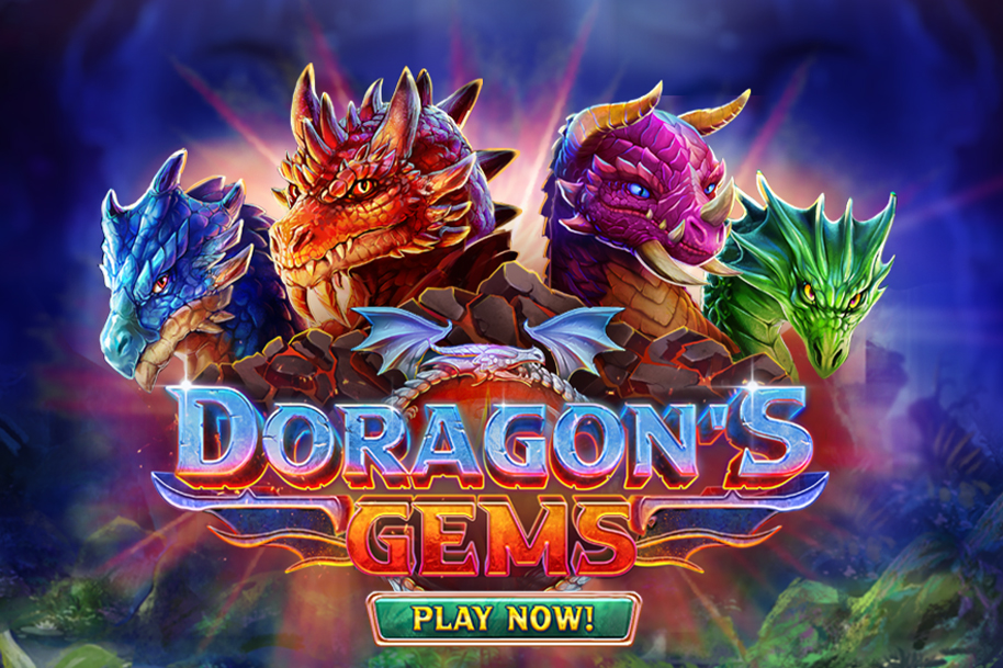 Doragon’s Gems slot game banner featuring four colorful dragons and glowing logo, promoting fantasy-themed online slot. Play now