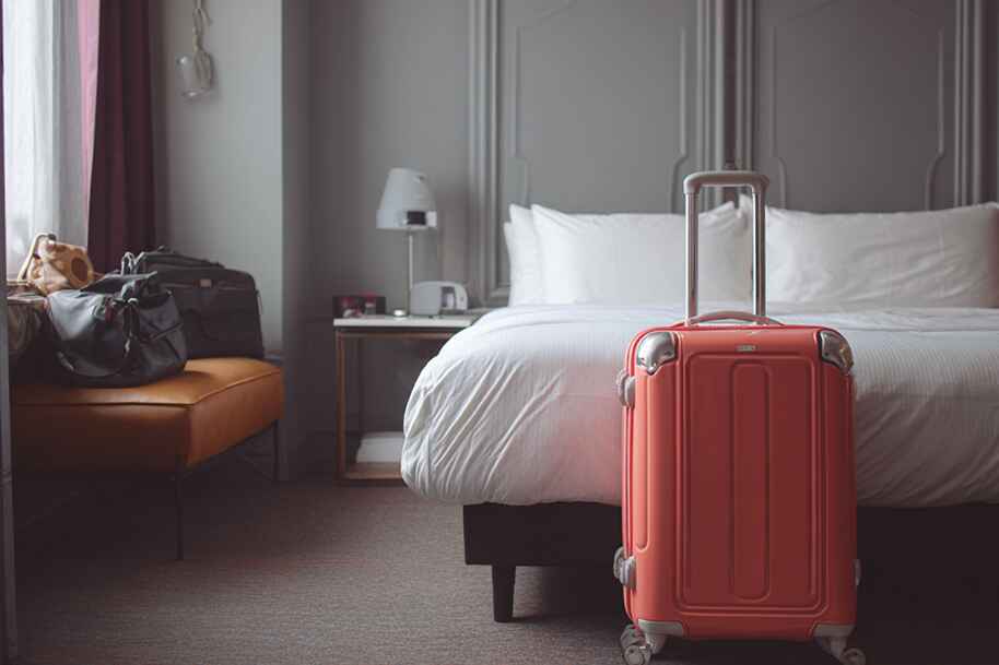 Modern hotel room with red suitcase, reflecting quick travel getaways enabled by instant crypto withdrawals