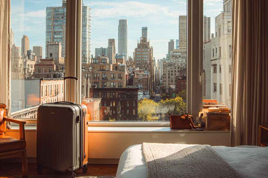 Hotel room with open suitcase and Manhattan city view, showcasing travel freedom through casino crypto cashouts