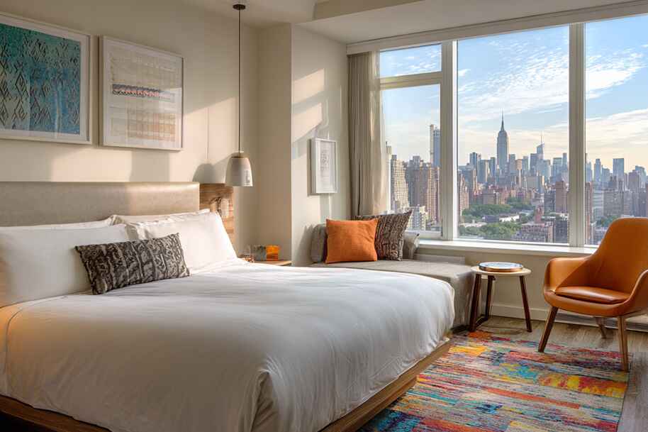 Luxury hotel room with panoramic city skyline view, representing travel rewards and VIP lifestyle from Eternal Slots winnings
