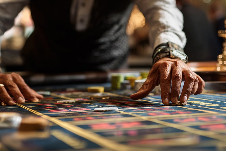 Close-up of a croupier’s hands placing chips on a roulette table in a casino, highlighting the excitement and strategy of table games at Eternal Slots.