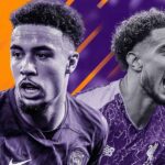 Premier League football players in dynamic purple and orange graphic background, highlighting upcoming season action.