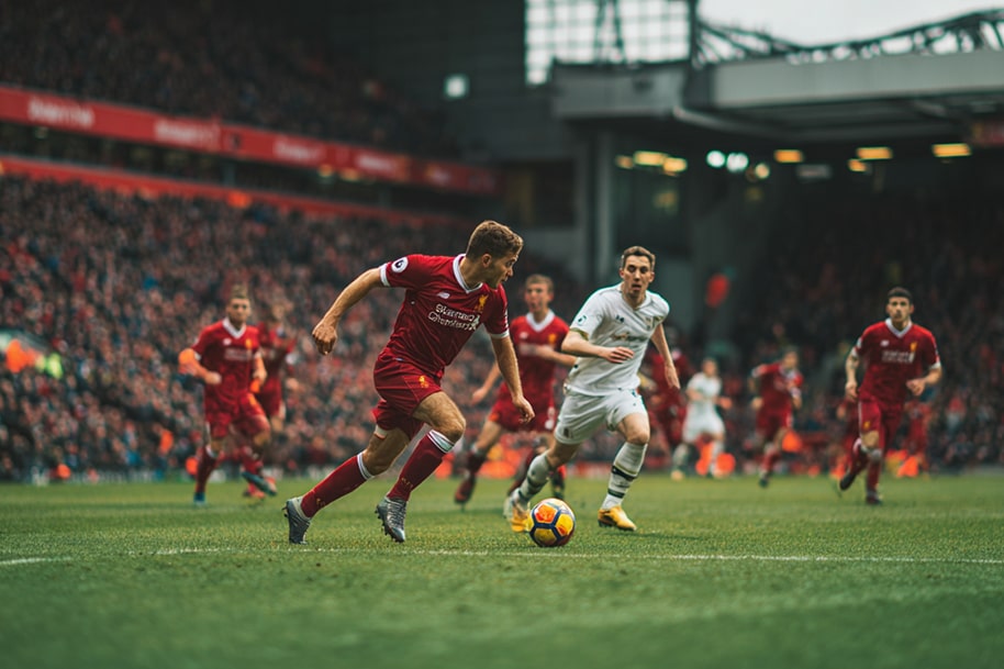Liverpool player dribbling the ball past an opponent during a Premier League match at Anfield, with teammates and crowd in the background.