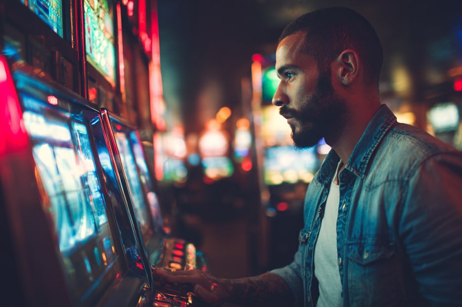 Focused man playing a slot machine in a casino, aiming to trigger the Hold & Spin feature for bigger wins