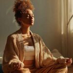 Young woman meditating peacefully in a sunlit room, wearing cozy clothes, embracing a calm and mindful moment.
