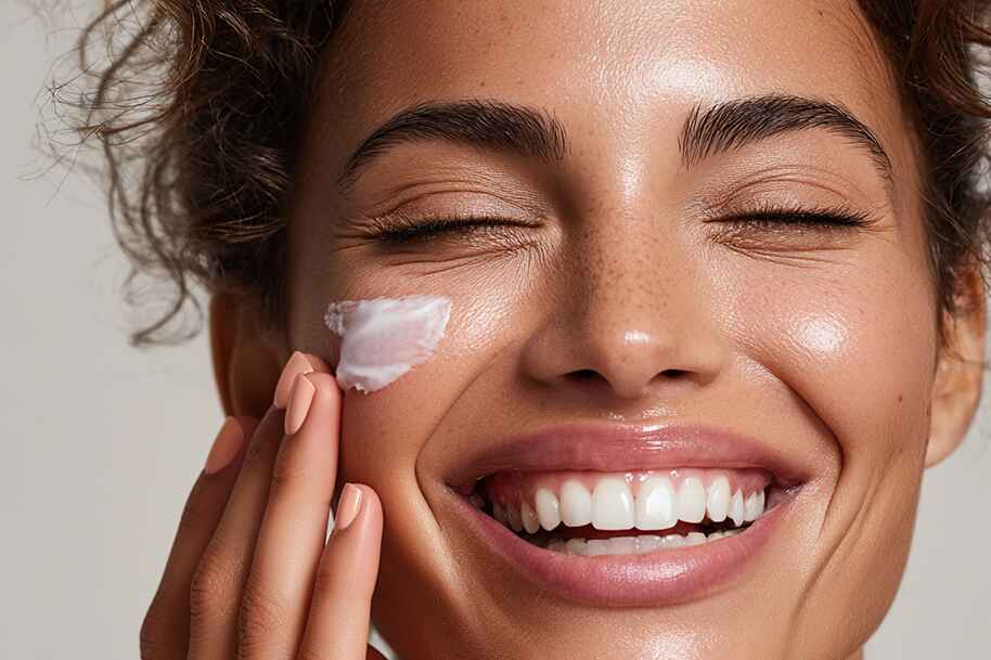 Close-up of a joyful woman applying facial cream, showing radiant skin and a wide smile, highlighting self-care and skincare happiness.