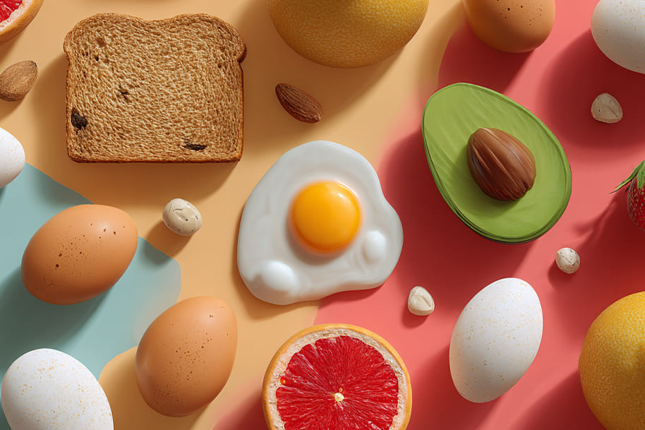 Healthy breakfast functional foods 2025 with eggs, toast, avocado, grapefruit, and nuts, representing smarter nutrition for busy lifestyles on Eternal Slots blog.