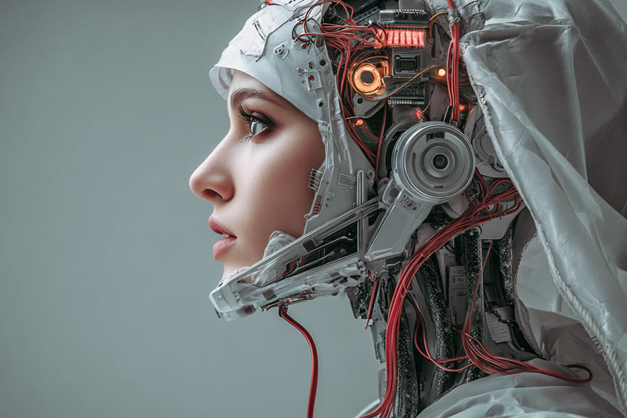 Side profile of a cybernetic woman with exposed wires and medical-grade hardware—depicting the fusion of AI and human physiology in advanced medical technology.