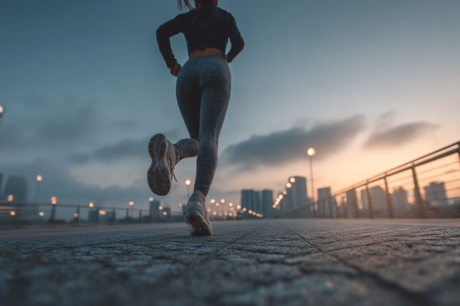 Woman jogging at sunrise along a city boardwalk – promoting remote work fitness and healthy habits for remote workers in 2025