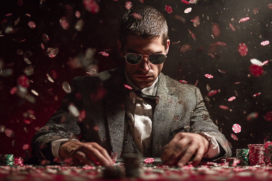 Man in suit and sunglasses sitting at a casino table with poker chips flying around, symbolizing high-stakes Labor Day casino promotions and big wins.
