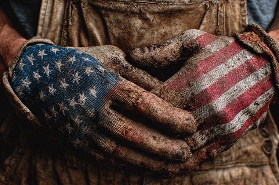 Close-up of worker wearing dirty gloves patterned with the American flag, symbolizing labor, hard work, and Labor Day traditions in the United States.