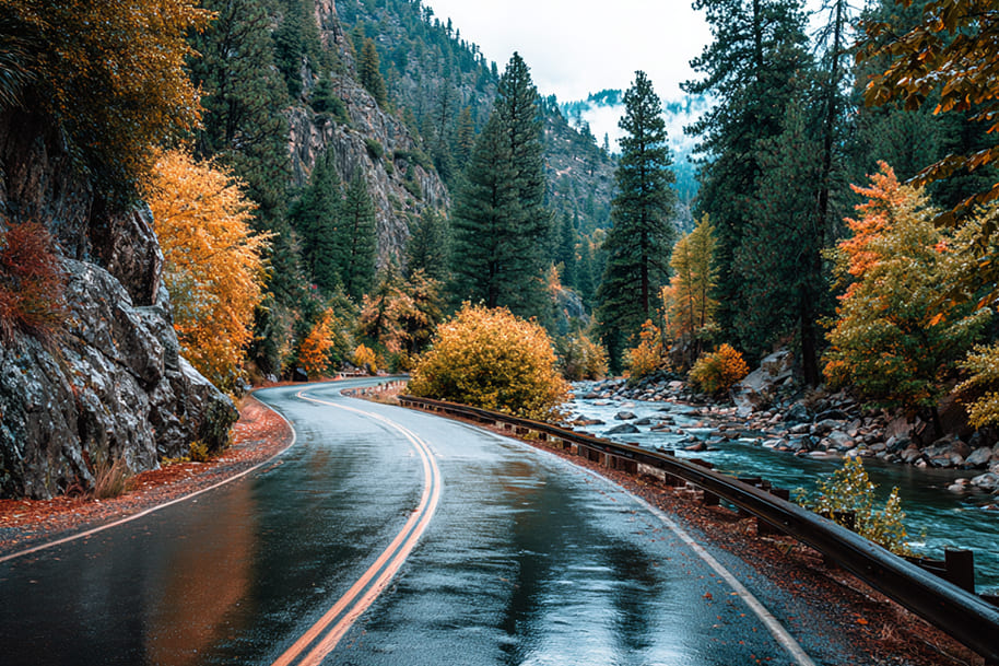 Scenic mountain road lined with autumn trees beside a flowing river, showcasing fun road trip ideas for Labor Day weekend and Eternal Slots travel blog.