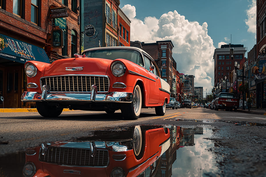 Vintage red car driving through a lively American city street, perfect for Labor Day weekend travel ideas, city getaways, and Eternal Slots Casino blog theme.